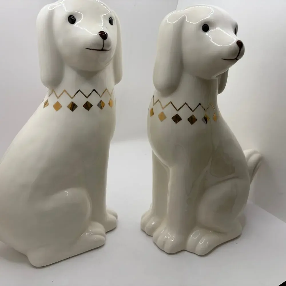 Set of 2 White & Gold Ceramic Dachshund Figurines Grandmillennial Staffordshire